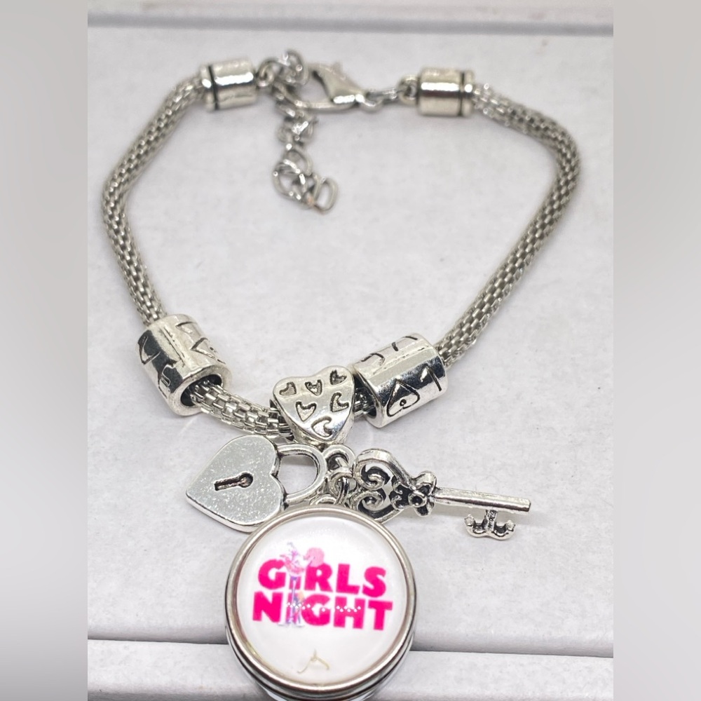 Silver Charm Bracelet with Heart and Key Accents